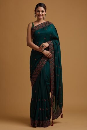 Bottle Green Threadwork Soft Silk Saree