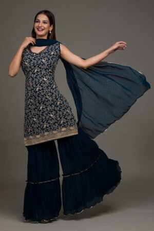 Peacock Blue Threadwork Georgette Salwar Suit