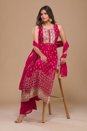Rani Pink Zariwork Georgette Readymade Salwar Suit