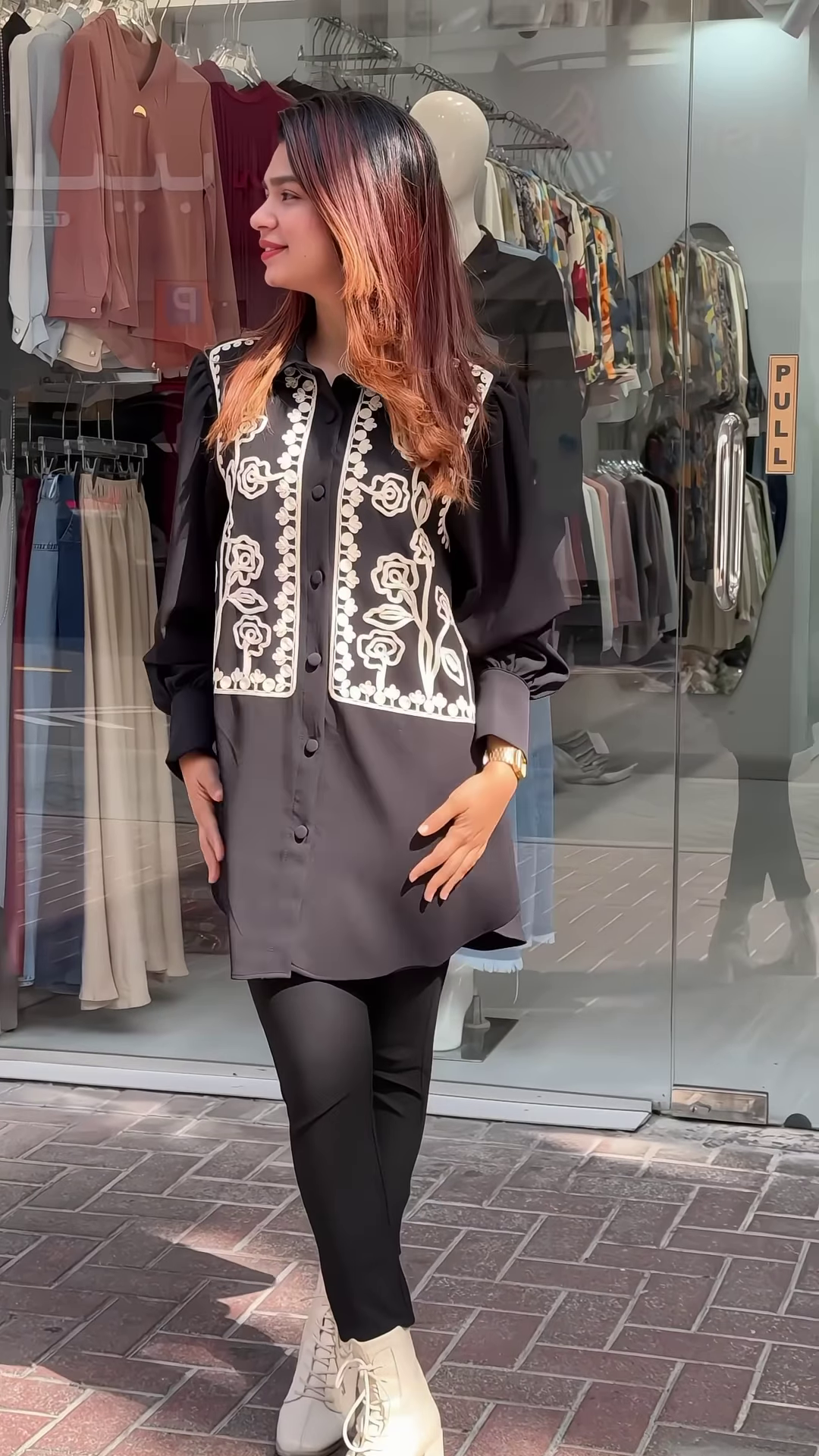 White & Black Embroidered Oversized Shirt