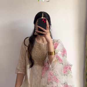 Ethereal White & Gold Anarkali with Floral Dupatta