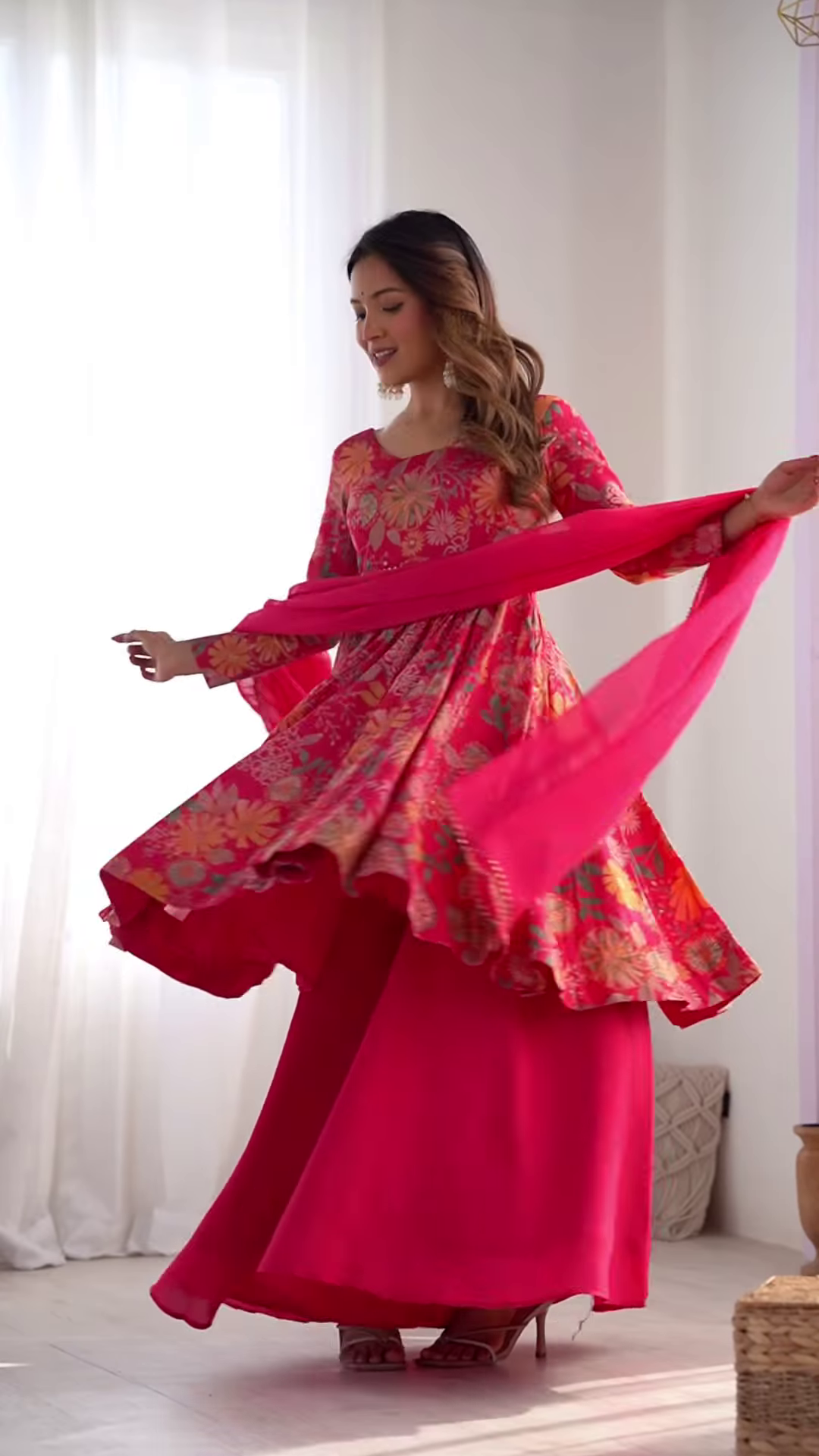 Vibrant Pink Floral Anarkali Suit – A Fusion of Elegance & Grace - Image 2