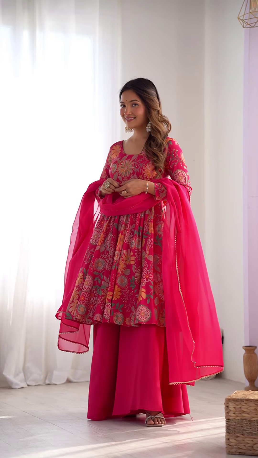 Vibrant Pink Floral Anarkali Suit – A Fusion of Elegance & Grace