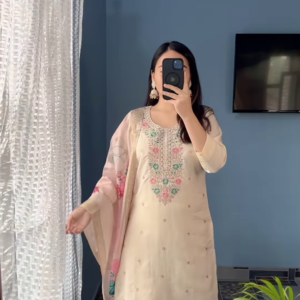 Ivory Blossom Embroidered Cotton Kurta Set