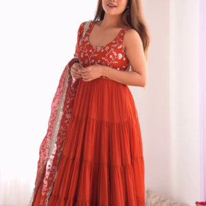 Rust Red Embroidered Tiered Anarkali Set