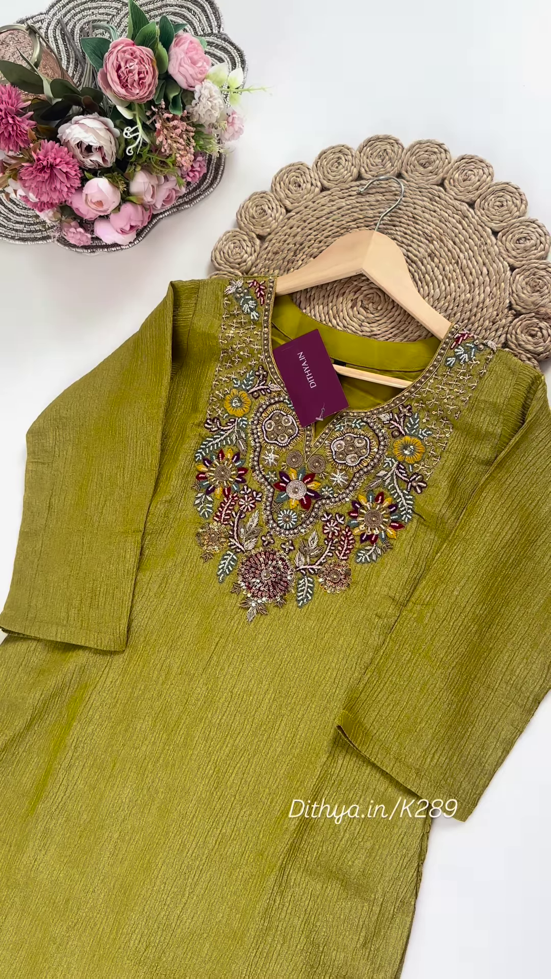 Opulent Olive Green Embroidered Silk Suit Set - Image 2