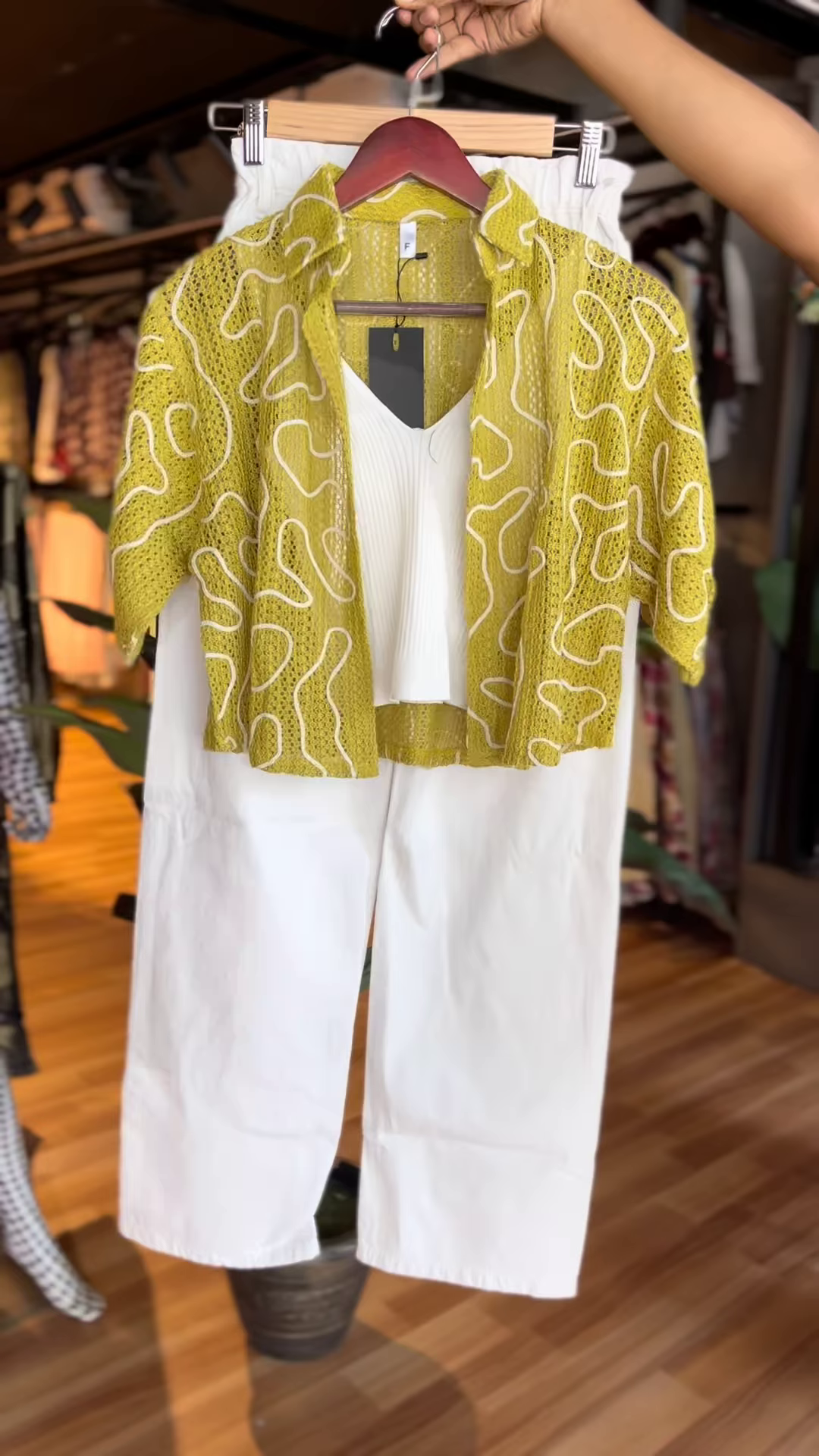 Lime Mesh Shirt Co-ord Set with White Ribbed Tank & Wide-Leg Trousers