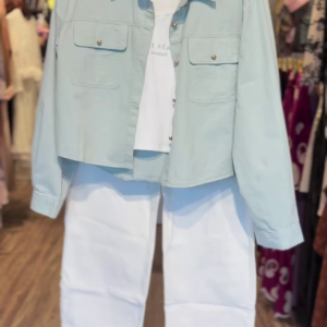 Seafoam Utility Shirt Co-ord with Graphic White Tee & Wide-Leg Trousers