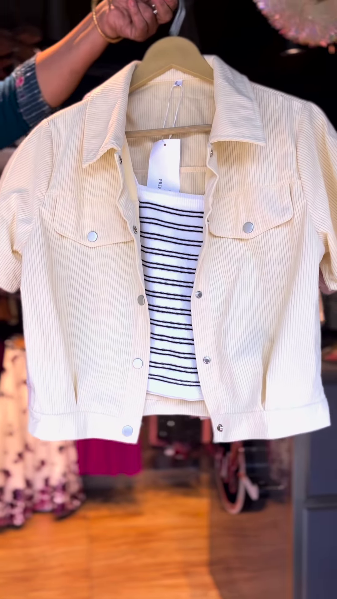 Beige Corduroy Crop Jacket with Black & White Striped Inner Top – Casual Chic Set