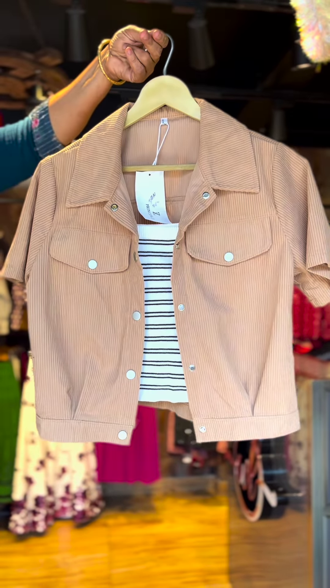 Beige Corduroy Crop Jacket with Black & White Striped Inner Top – Casual Chic Set - Image 3