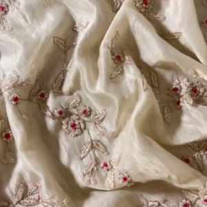 Ivory Organza with Pink Floral Hand Embroidery – Unstitched Fabric