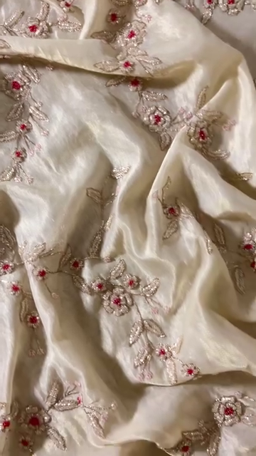 Ivory Organza with Pink Floral Hand Embroidery – Unstitched Fabric - Image 2