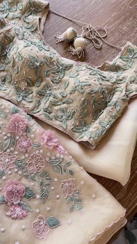 Pastel Peach Embroidered Net Blouse & Dupatta Set