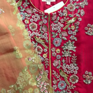 Crimson Red Bird Motif Embroidered Blouse & Dupatta Set