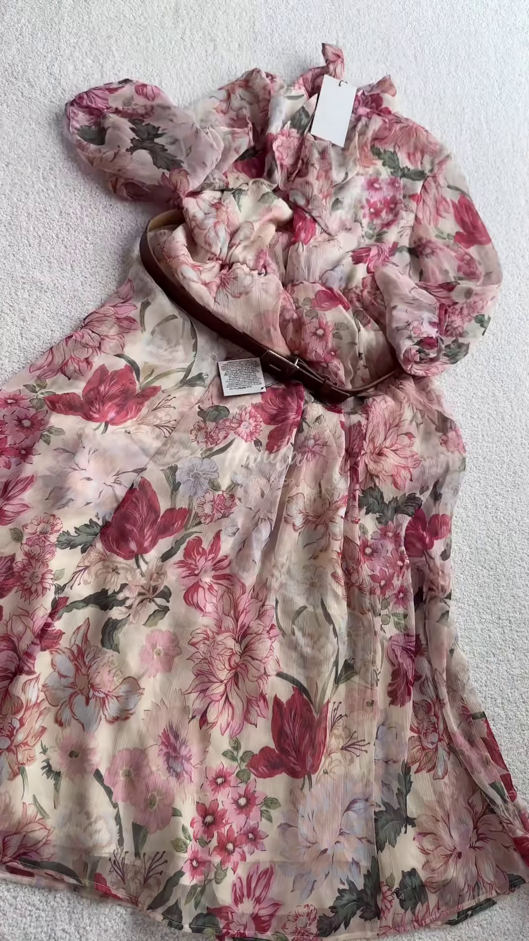 Vintage Rose Floral Chiffon Dress with Belt - Image 2