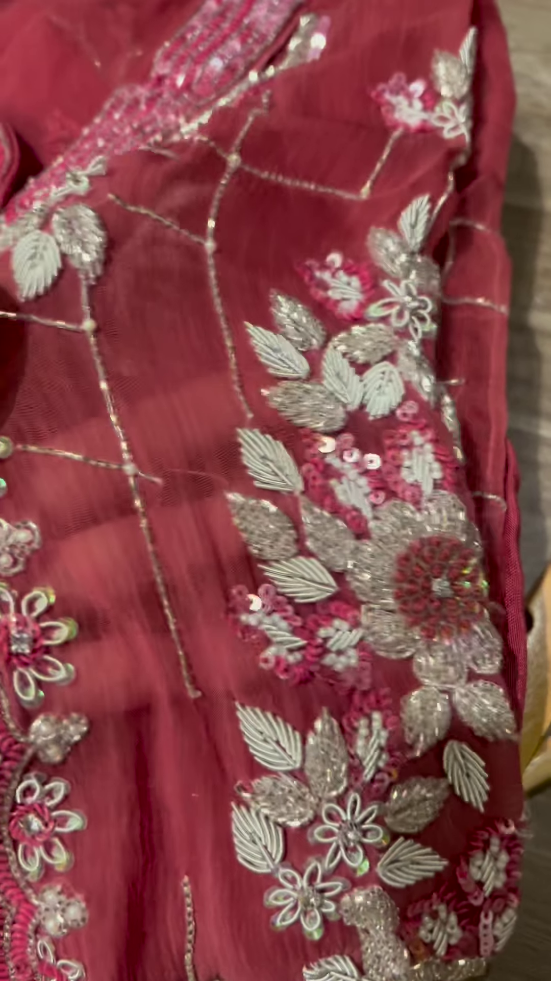 Deep Wine Velvet Net Kurta Set with Floral Sequin Embroidery - Image 5