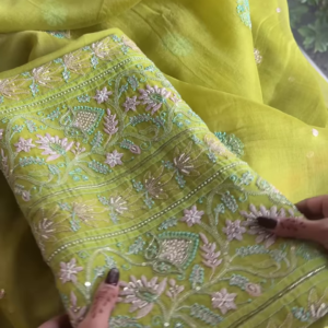 Zarqa Lime Olive Hand-Embroidered Silk Suit with Paisley Motifs