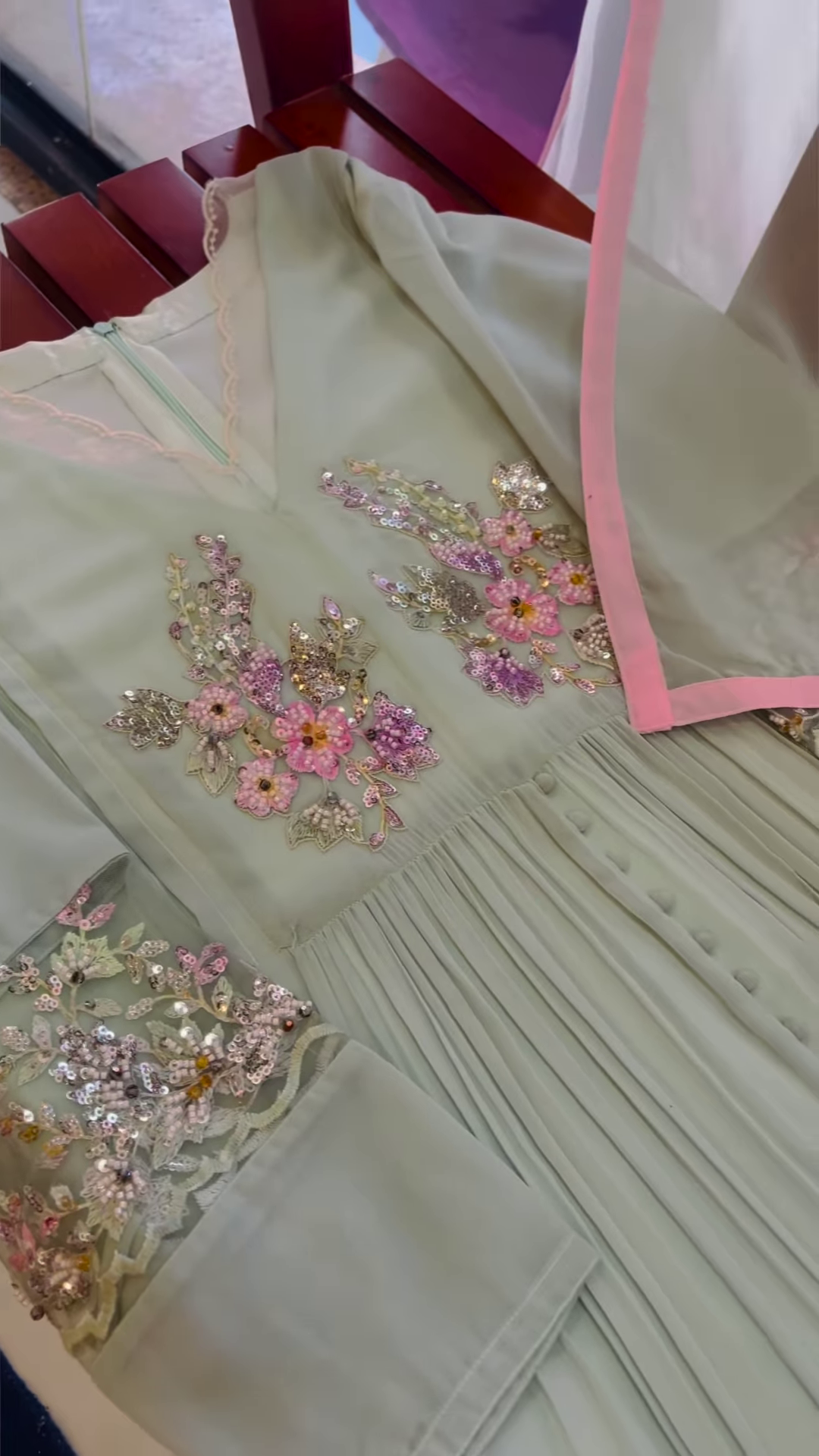 Mint Pleated Anarkali Kurta with Floral Embellishments - Image 4