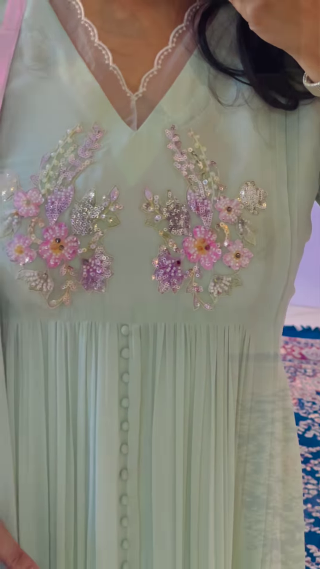 Mint Pleated Anarkali Kurta with Floral Embellishments - Image 3