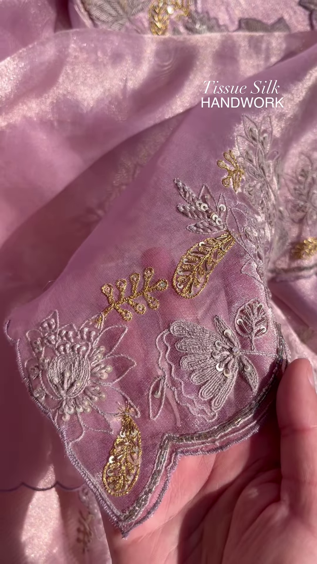 Lilac Tissue Silk Handwork Saree Fabric