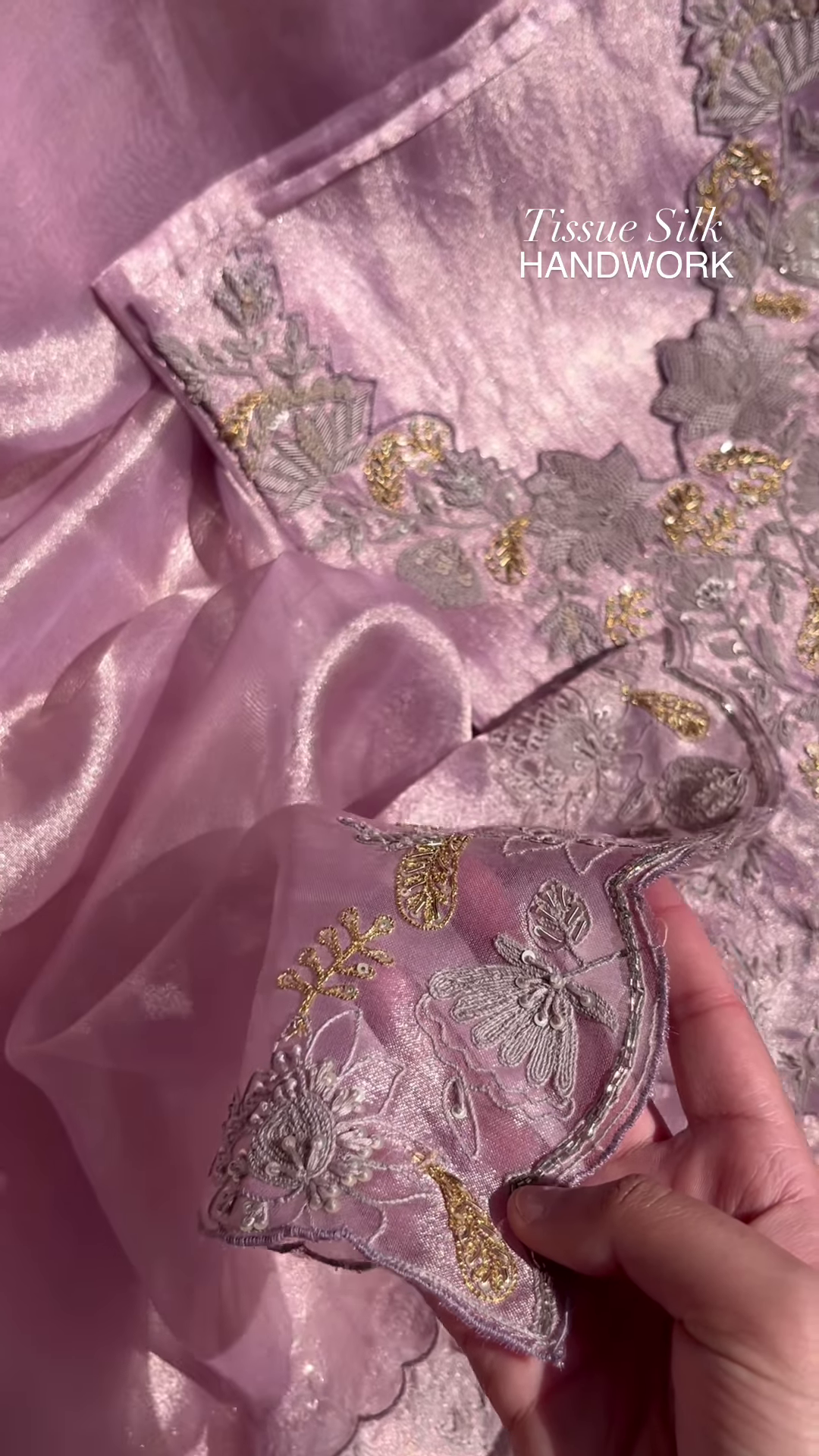 Lilac Tissue Silk Handwork Saree Fabric - Image 3