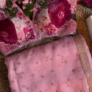 Dusty Rose Floral Sequin Embroidered Saree with Heavy Work Blouse