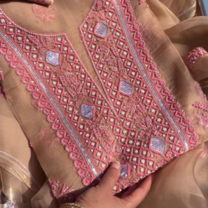 Fawn Lucknowi Chikankari and Mirror Work Unstitched Suit Set