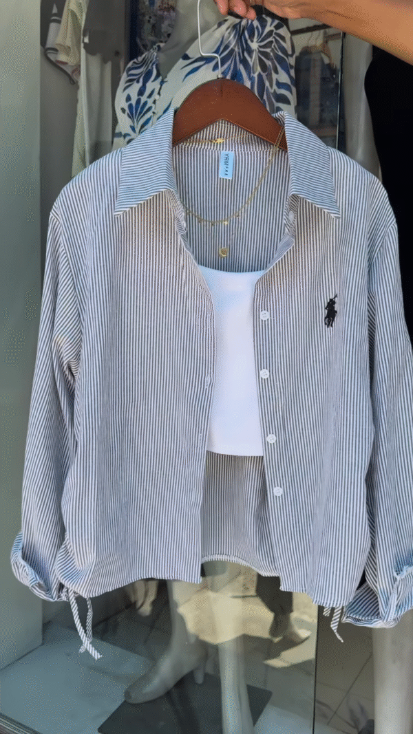 Mint Striped Drawstring Shirt with White Crop Tank – Breezy Layered Look - Image 4