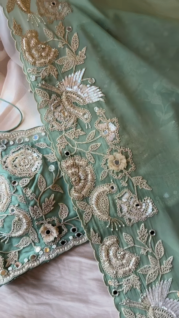 Yellow Hand-Embroidered Designer Blouse & Dupatta Set - Image 2