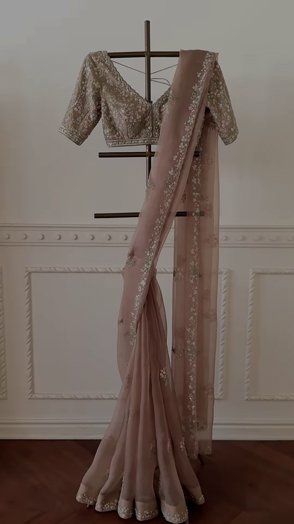 Elegant Mauve Embroidered Net Saree with Blouse
