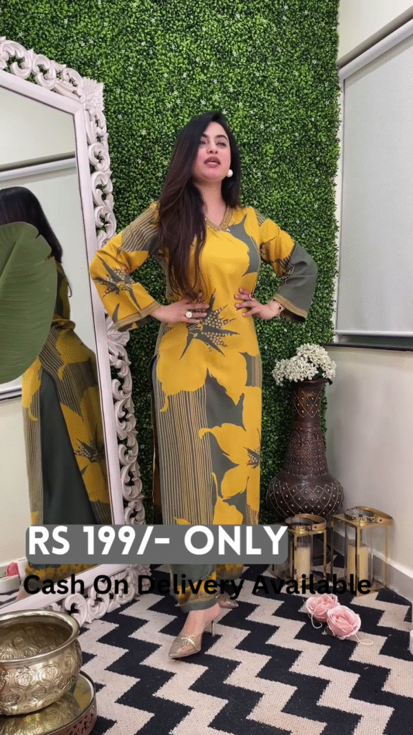 Chic Mustard & Grey Printed Long Dress – Effortless Elegance - Image 2