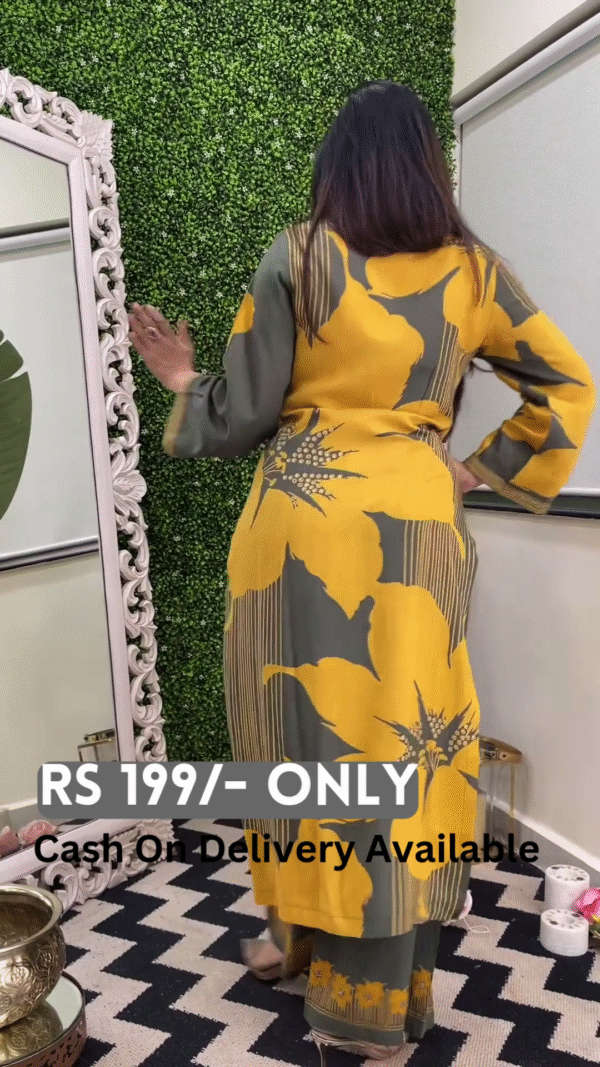 Chic Mustard & Grey Printed Long Dress – Effortless Elegance - Image 3