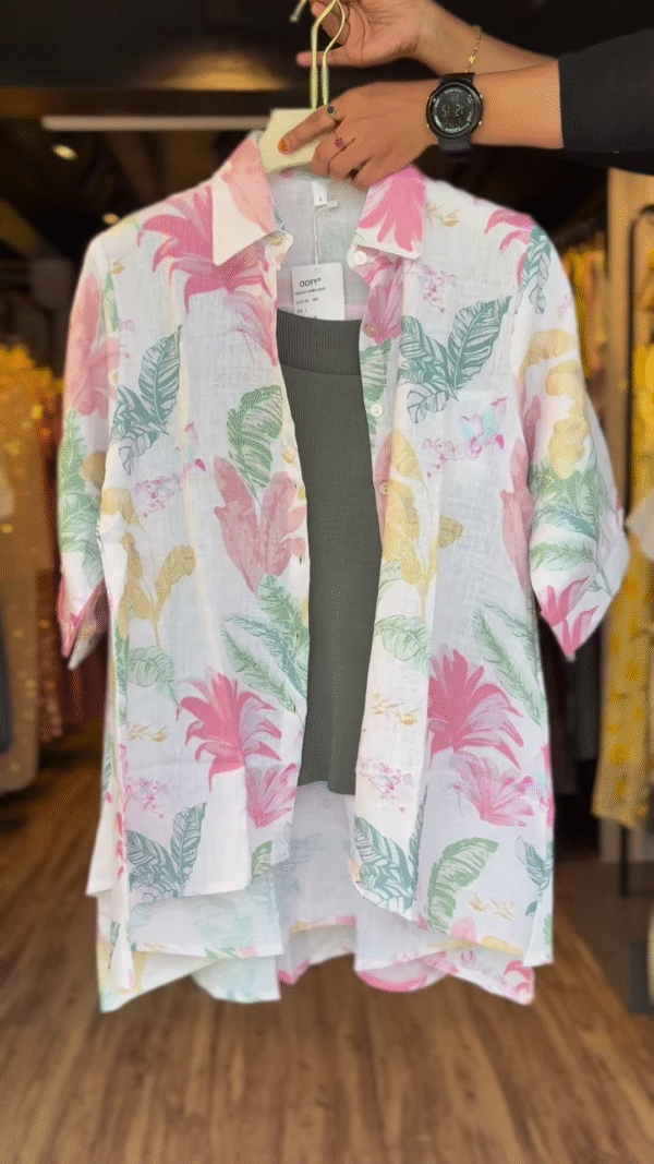 Tropic Whisper Cotton Shirt – Pastel Leaf Print Resortwear - Image 3