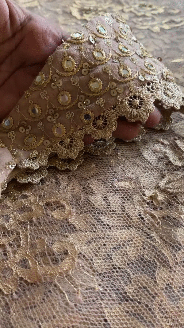 Champagne Gold Sequin Embroidered Lace Saree with Designer Blouse - Image 2