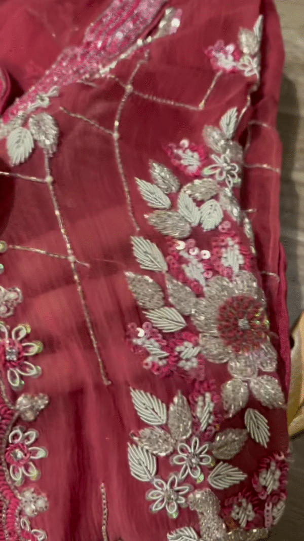 Deep Wine Velvet Net Kurta Set with Floral Sequin Embroidery - Image 5