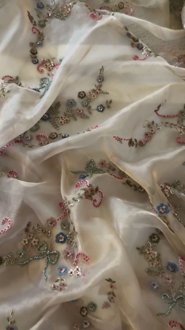 Ivory Floral Thread and Sequin Embroidered Unstitched Fabric - Image 4