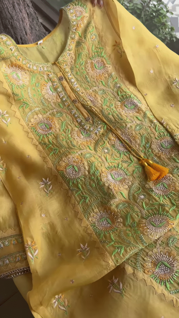 Lemon Yellow Floral Embroidered Organza Unstitched Suit Set - Image 3