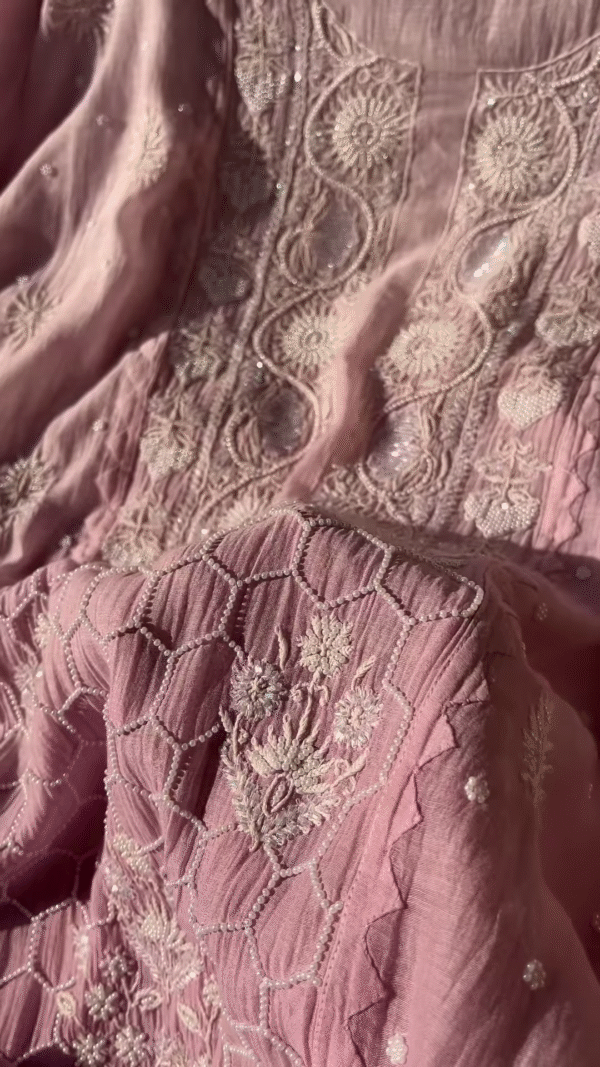 Tea Pink Embroidered Chikankari Unstitched Suit Fabric - Image 3