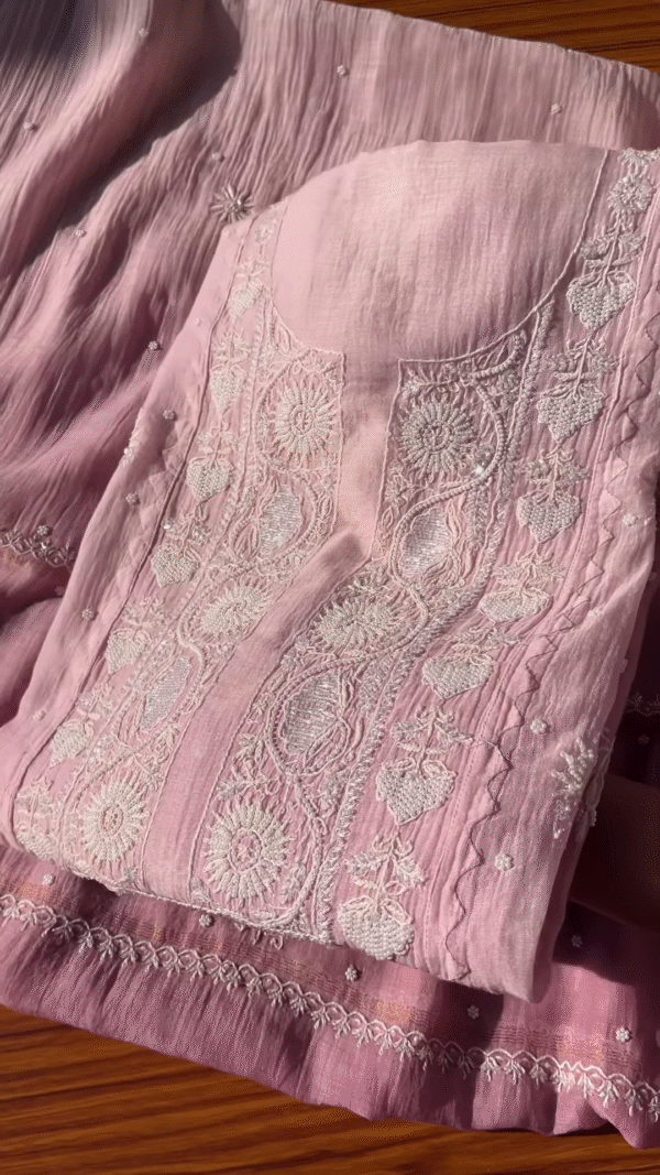 Tea Pink Embroidered Chikankari Unstitched Suit Fabric - Image 5
