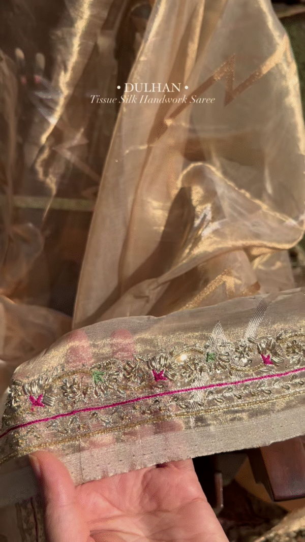 Golden Tissue Silk Handwork Saree Fabric - Image 4
