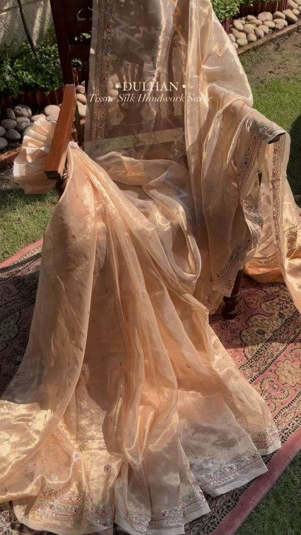 Golden Tissue Silk Handwork Saree Fabric - Image 3