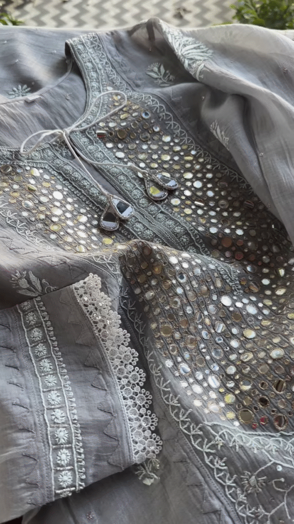 Grey Mirror Work Chikankari Unstitched Suit Set - Image 3