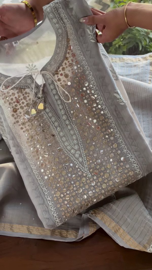 Grey Mirror Work Chikankari Unstitched Suit Set