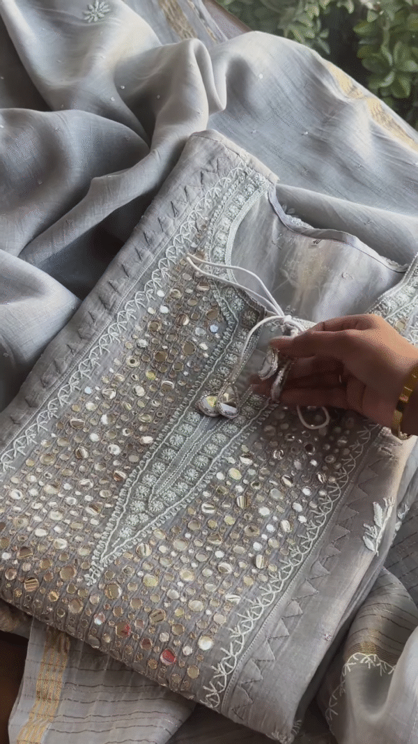 Grey Mirror Work Chikankari Unstitched Suit Set - Image 2