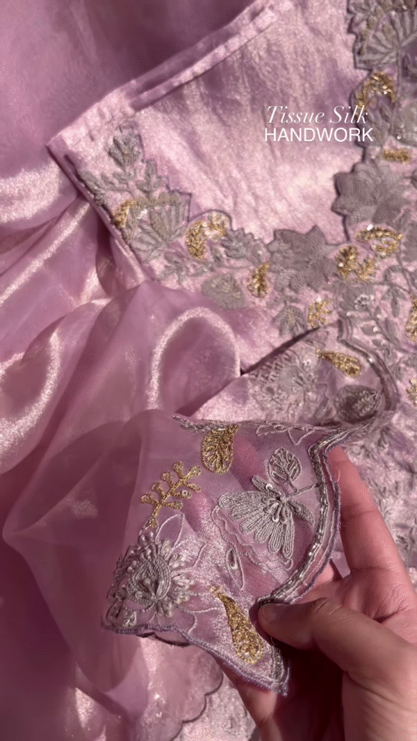 Lilac Tissue Silk Handwork Saree Fabric - Image 3