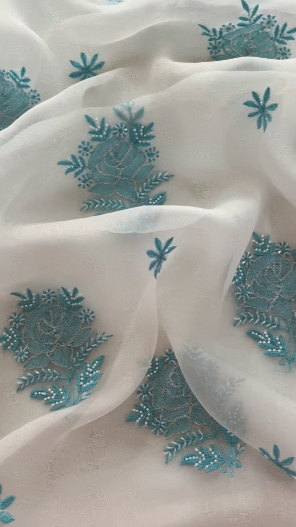 Off-White Embroidered Lawn Gala with Aqua Accents and Sequin Detail - Image 2
