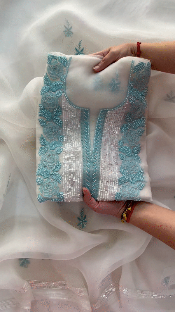Off-White Embroidered Lawn Gala with Aqua Accents and Sequin Detail - Image 5