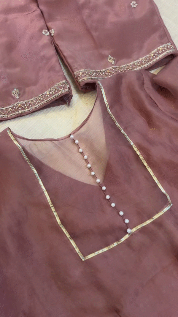 Dusty Rose Tissue Silk Unstitched Suit Set with Pearl and Zari Detail - Image 2