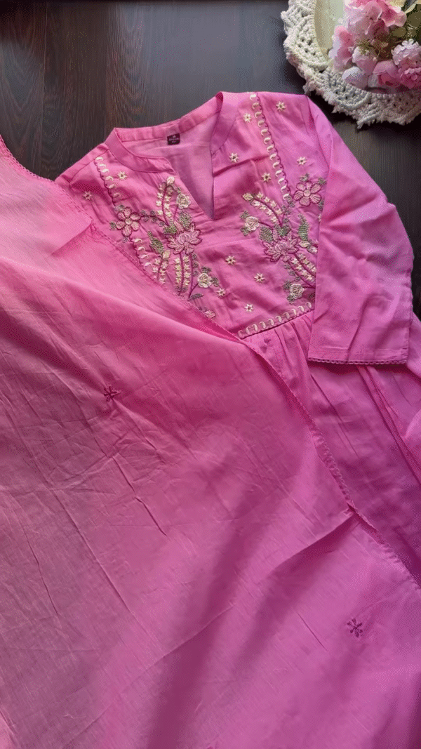 Pastel Embroidered Cotton Kurta Trio - Image 4
