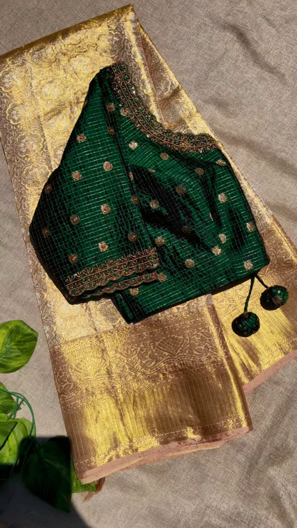 Peacock Green Brocade Blouse Piece with Gold Zari Embroidery - Image 3